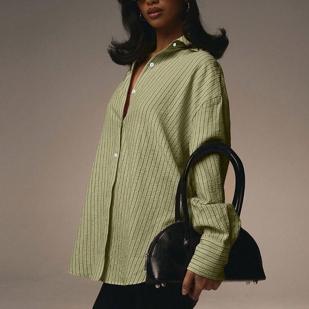 Green Casual Womens Long Sleeve Striped Front Button Blouse - Picture 5 of 5